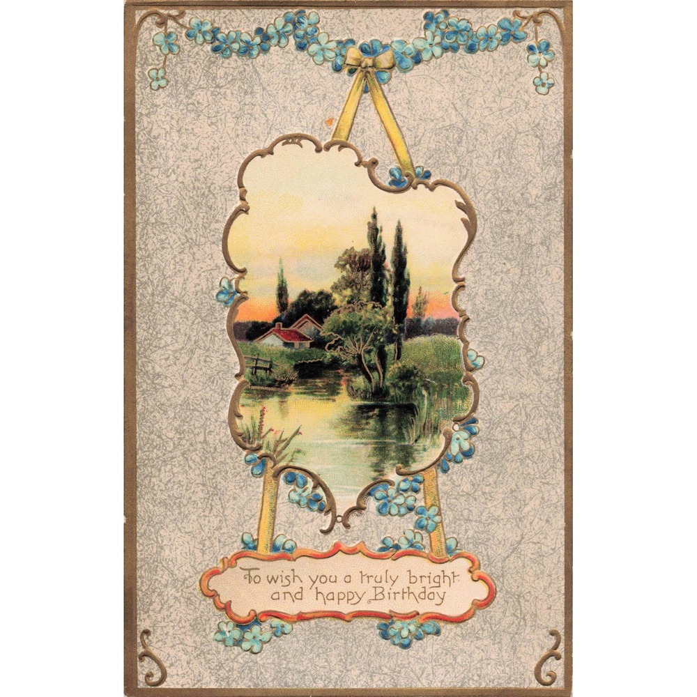 Birthday Postcard Davidson Bros 7122 Scenic Cottage Easel 1909 Embossed Germany